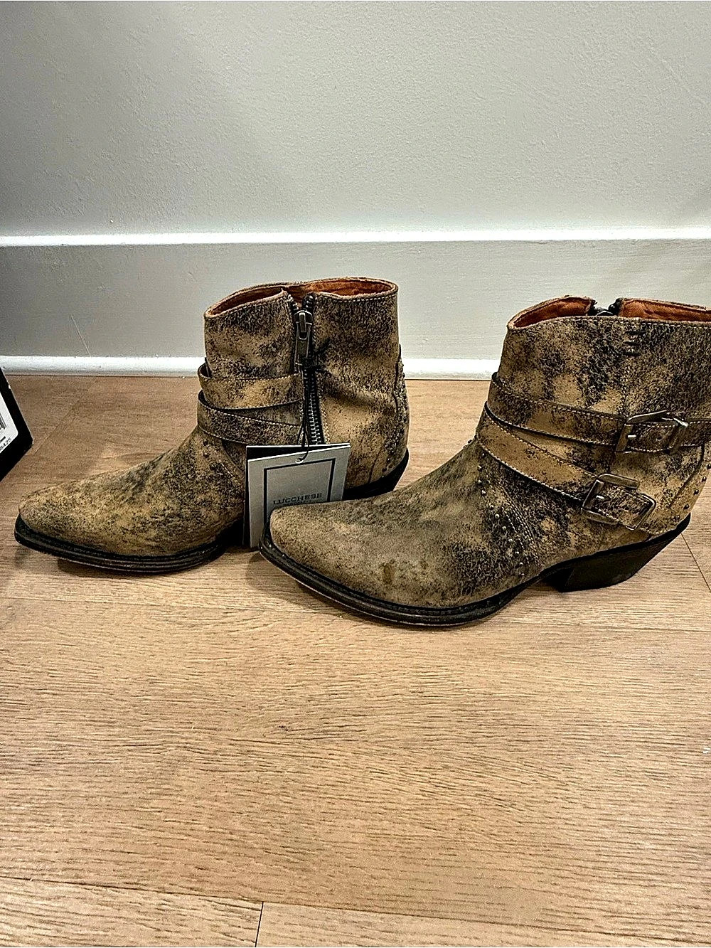 Lucchese Tan Marble Double Buckle Ankle Boots Brown US 8 B NWT